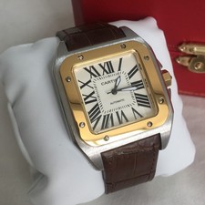 Authentic✦Cartier✦Santos De Brown Leather Strap Men's square Golden Frame Watch