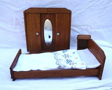 Doll House French Art Deco Bedroom Set Armoire Night Stand Bed Carved Wood 1940