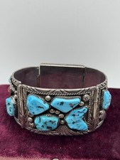 Native American Turquoise Coral Native American Bracelet Signed YBE Shadow Box
