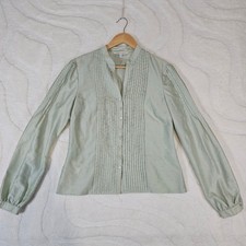 Laura Ashley Pintuck Blouse Womens UK 12 Green Button Up Silk Cotton Blend Shirt