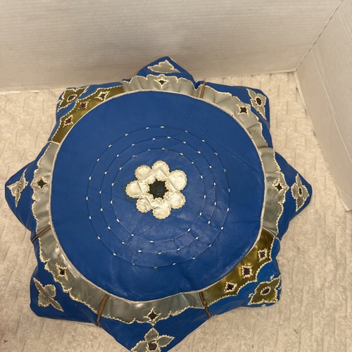 Blue tan moroccan leather - leather, pouf