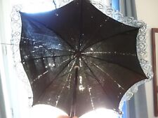 Antique black silk umbrella, lace, Bakelite head, Malacca rush, L80, Diam70cm