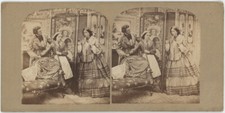 Stereo circa 1860. genre scene. Couple and housekeeper.