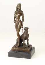 BRONZE SCULPTURE OF CLEOPATRA WITH PANTHER ON A BLACK MARBLE BASE AFTER CESARO