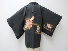 Japanese Black Haori Jacket-Kimono Silk Scroll Letterbox Classic 120y EB-284
