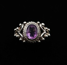 Tibetan Crafted Silver Ring Set with Faceted Amethyst - Tibet