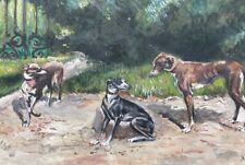 Tableau peinture ancienne Lévriers Chiens ;) XXe