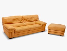 Roche Bobois -Loveseat Sofa w/ Ottoman -Textured Ocre Leather