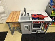 Kidkraft Kitchen Play Set Kids With Bench, Food, Serving Accessories Excellent *