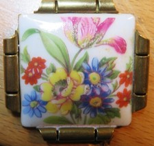ROMANTIC SQUARE ENAMEL BROOCH ON PORCELAIN BOUQUET FLOWERS signed Limoges