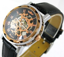 Black Gold Skeleton Black Leather Automatic Mechanical Wrist Watch Men