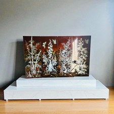 Lot de 4 grands panneaux muraux asiatiques – Bois laqué brun et abondante nacre