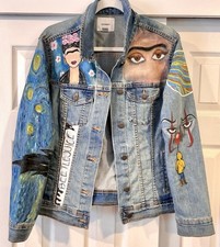 Hand Painted Front Back Sleeves Frida Kahlo Jean Jacket L Denim Art to Wear