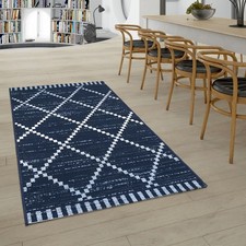 Tapis Intérieur & Extérieur Tissage À Plat Ethnique Géométrique En Bleu Blanc