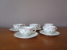 5 Antique Coffee Cups & Saucers Red & Green Decor