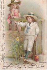 Old postcard fantasy illustration boy with fishing rod & girl looking at him 1903