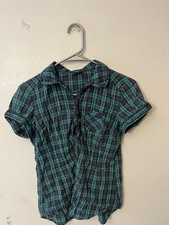 American Eagle Green and Navy Plaid Short Sleeve Shirt Size 2