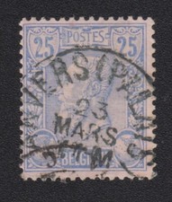 TIMBRE Belgique 1884-86 Leopold II 25c bleu sur rose oblitéré n°74 cat. Maury
