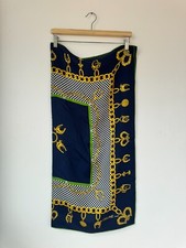 Céline Unisex Blue Gold 100% Silk Print Square Scarf Pre Owned