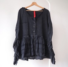 Ewa i Walla ruffle blouse natural boho ruched stone wash lagenlook M (R33)