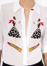 Women Alice + Olivia Silk Collared Long Sleeve Loose Blouse Top