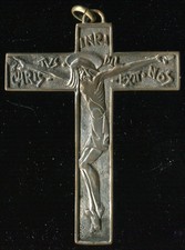 Antique catholic bronze Silvered  metal religious crucifix cross pendant signed