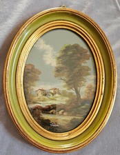 Peinture ovale " Paysage avec rivière maison et pont " cadre bois vert et doré