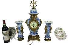 ANTIQUE BOCH Delft blue white pottery bird  pottery Clock Vases lion heads mark 