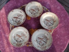 5 Assiettes Creuses Porcelaine Opaque Gien Modèle Provençal Oiseaux Sépia 23,5cm
