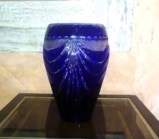 Large Bohemian Cobalt Blue Double Cut Crystal Vase H: 29cm