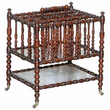 RARE NAPOLEON III FRUITWOOD FOUR DIVISION CANTERBURY WITH BOBBIN TURNED FRAME