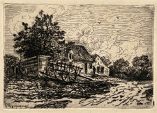 Charette Ferme Allier HENRI HARPIGNIES Gravure EAU FORTE XIX°