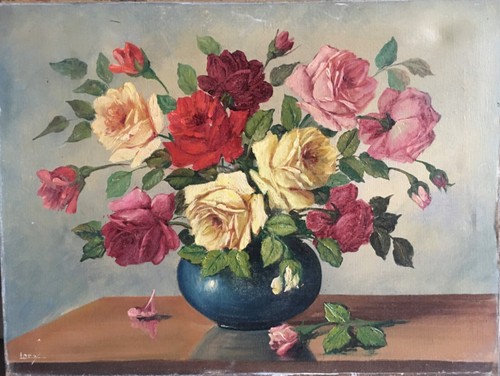 Ancien tableau peinture - peinture, roses