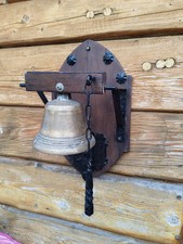 Antique Bronze School Bell. Wooden Stand