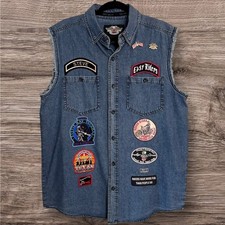 Vintage Harley Davidson Denim Vest w/ Various Biker Patches & Pins, Men's Medium