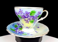 NORCREST CHINA JAPAN #PR85 VIOLETS ON PASTELS GOLD TRIM 3" CUP & SAUCER SET 1960