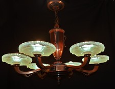 Original 1930s "French art deco Ezan Sabino 6- arm coppered bronze chandelier