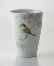 Tasse à thé japonaise longue Sakura fleur de cerisier rose et moineau céramiq...