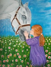 Enfant avec un cheval peinture originale, jolie peinture de ferme, art...