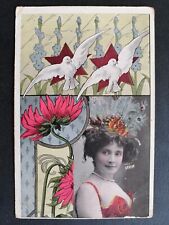 Beautiful old postcard from 1910 ART NOUVEAU WOMAN FLOWERS doves