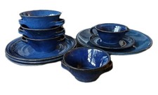 Ancien Service Vaisselle Grès Émaillé Bleu  Art De La Table Vintage 10 Pièces 