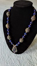 Beaded Necklace Pendant Enamel Cloison Lapis Lazuli Stone Cloisonne Blue Vintage