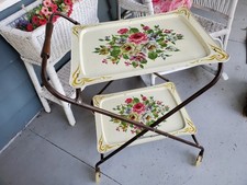 Vtg Tea Cart Metal w/ Wheels Roses TV Trays folding Table bar cart mcm 2 tier