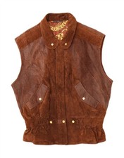 VINTAGE Womens Suede Gilet EU 42 Large Brown Animal Print Leather DU10