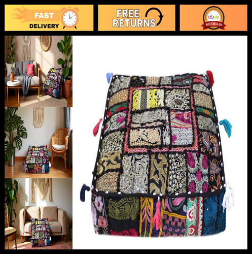 Handmade black patchwork pouf - black,