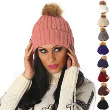 Bonnet En Tricot Pour Femme À Pompon Rayé En Fourrure Synthétique Uni À Pois