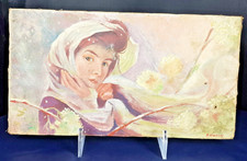 tableau ancien peinture sur toile signé sur plaque  bois , femme rafale de neige