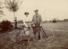 Men, women and a tandem bike, vintage print, ca.1890 men, women and a bicycle 