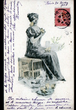 BOURGEOIS WOMAN with CHICKEN Chicks Rooster Chicken / Viennese before 1904
