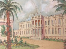Très Belle Peinture Aquarelle Sur Carton XIXe Palmier Jardin Maison à Identifier